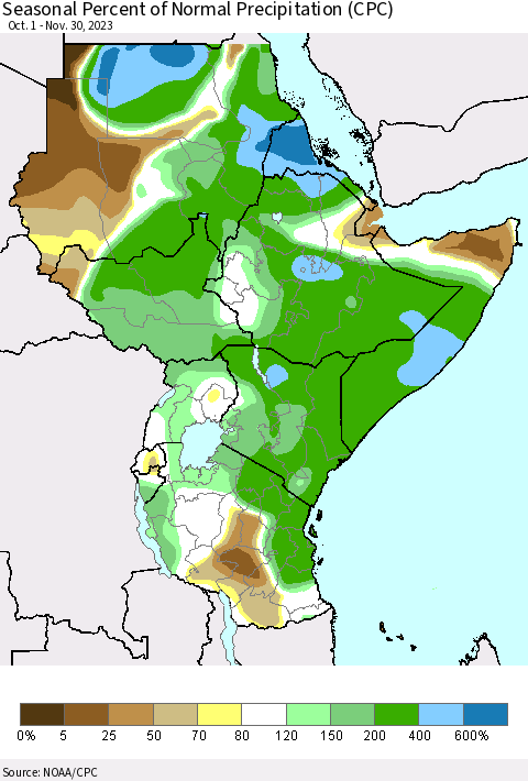 Eastern Africa Seasonal Percent of Normal Precipitation (CPC) Thematic Map For 10/1/2023 - 11/30/2023