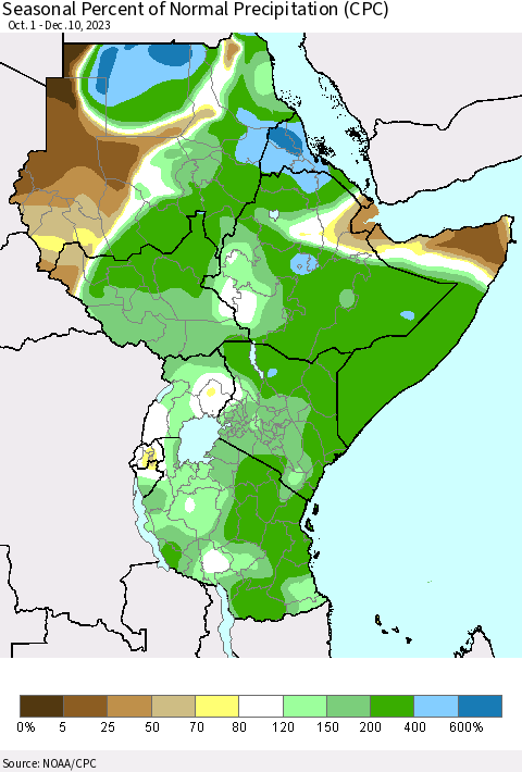 Eastern Africa Seasonal Percent of Normal Precipitation (CPC) Thematic Map For 10/1/2023 - 12/10/2023