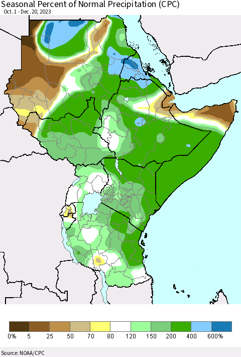 Eastern Africa Seasonal Percent of Normal Precipitation (CPC) Thematic Map For 10/1/2023 - 12/20/2023