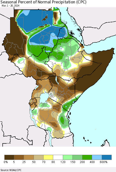 Eastern Africa Seasonal Percent of Normal Precipitation (CPC) Thematic Map For 3/1/2024 - 3/20/2024