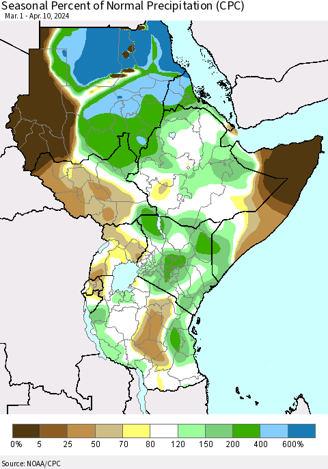 Eastern Africa Seasonal Percent of Normal Precipitation (CPC) Thematic Map For 3/1/2024 - 4/10/2024