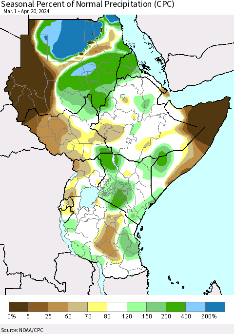 Eastern Africa Seasonal Percent of Normal Precipitation (CPC) Thematic Map For 3/1/2024 - 4/20/2024