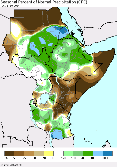Eastern Africa Seasonal Percent of Normal Precipitation (CPC) Thematic Map For 10/1/2024 - 10/10/2024
