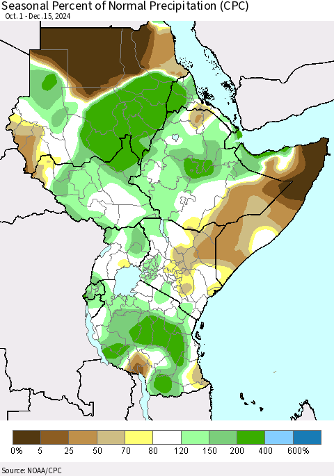 Eastern Africa Seasonal Percent of Normal Precipitation (CPC) Thematic Map For 10/1/2024 - 12/15/2024