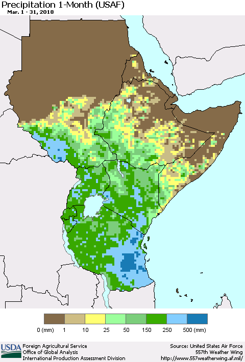 Eastern Africa Precipitation 1-Month (USAF) Thematic Map For 3/1/2018 - 3/31/2018