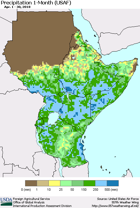 Eastern Africa Precipitation 1-Month (USAF) Thematic Map For 4/1/2018 - 4/30/2018