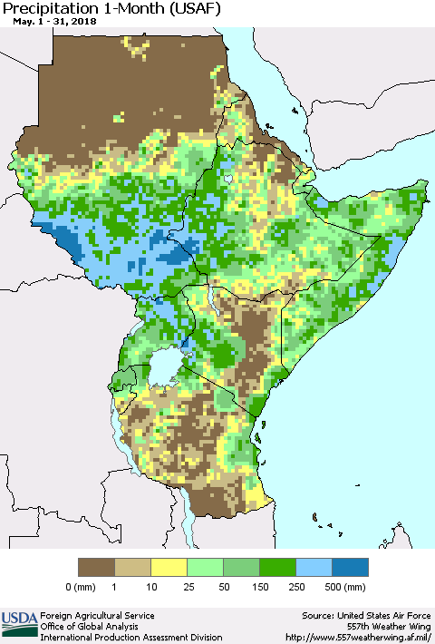 Eastern Africa Precipitation 1-Month (USAF) Thematic Map For 5/1/2018 - 5/31/2018