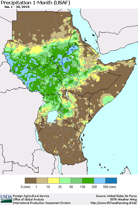 Eastern Africa Precipitation 1-Month (USAF) Thematic Map For 6/1/2018 - 6/30/2018