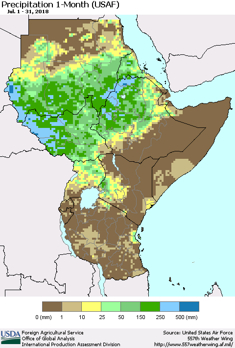 Eastern Africa Precipitation 1-Month (USAF) Thematic Map For 7/1/2018 - 7/31/2018