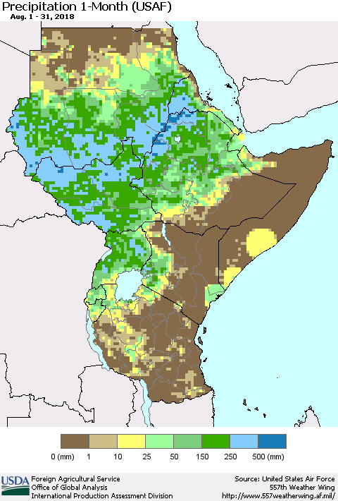 Eastern Africa Precipitation 1-Month (USAF) Thematic Map For 8/1/2018 - 8/31/2018