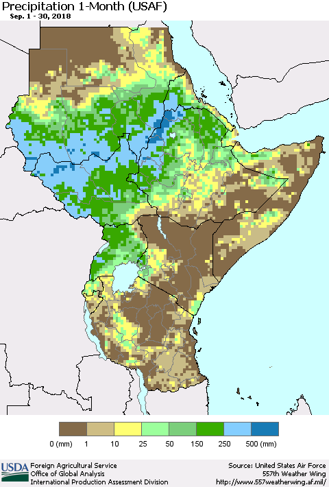 Eastern Africa Precipitation 1-Month (USAF) Thematic Map For 9/1/2018 - 9/30/2018