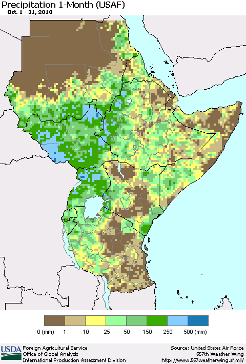 Eastern Africa Precipitation 1-Month (USAF) Thematic Map For 10/1/2018 - 10/31/2018