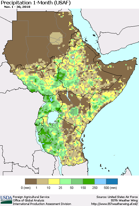 Eastern Africa Precipitation 1-Month (USAF) Thematic Map For 11/1/2018 - 11/30/2018