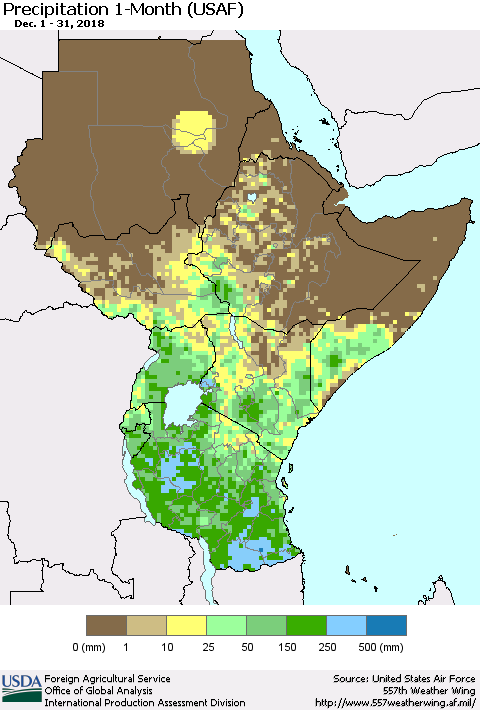 Eastern Africa Precipitation 1-Month (USAF) Thematic Map For 12/1/2018 - 12/31/2018