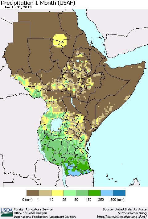 Eastern Africa Precipitation 1-Month (USAF) Thematic Map For 1/1/2019 - 1/31/2019