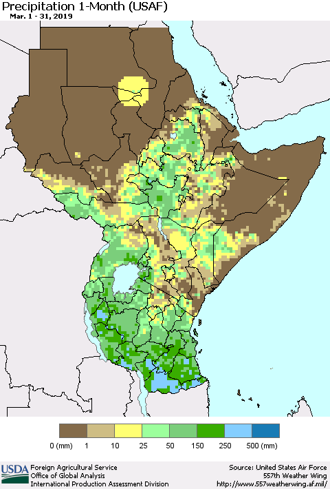 Eastern Africa Precipitation 1-Month (USAF) Thematic Map For 3/1/2019 - 3/31/2019