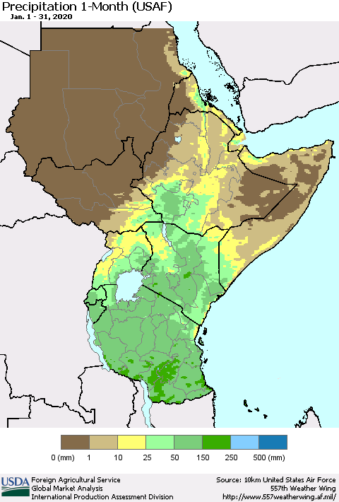 Eastern Africa Precipitation 1-Month (USAF) Thematic Map For 1/1/2020 - 1/31/2020