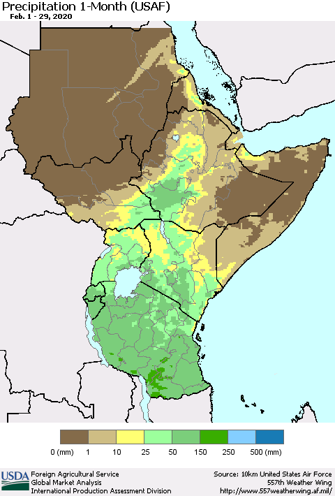 Eastern Africa Precipitation 1-Month (USAF) Thematic Map For 2/1/2020 - 2/29/2020