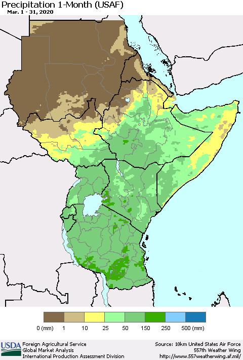 Eastern Africa Precipitation 1-Month (USAF) Thematic Map For 3/1/2020 - 3/31/2020