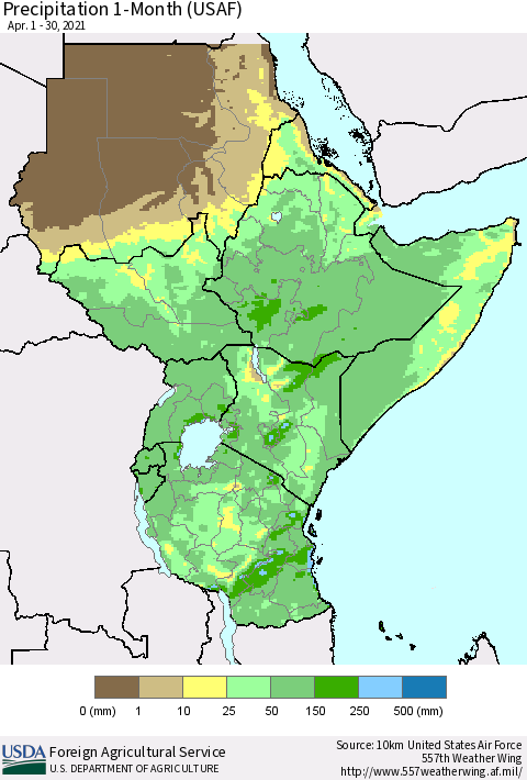 Eastern Africa Precipitation 1-Month (USAF) Thematic Map For 4/1/2021 - 4/30/2021