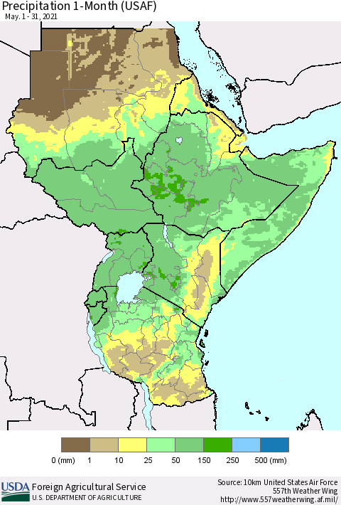 Eastern Africa Precipitation 1-Month (USAF) Thematic Map For 5/1/2021 - 5/31/2021