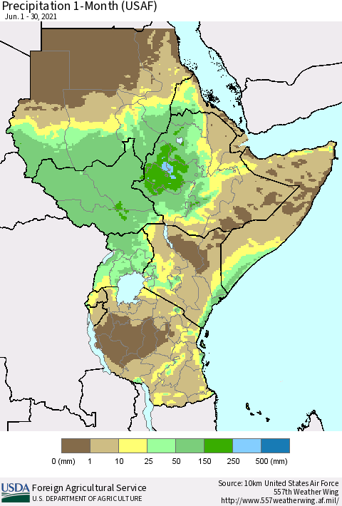 Eastern Africa Precipitation 1-Month (USAF) Thematic Map For 6/1/2021 - 6/30/2021