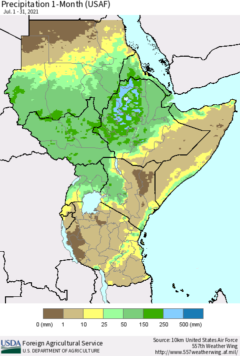 Eastern Africa Precipitation 1-Month (USAF) Thematic Map For 7/1/2021 - 7/31/2021