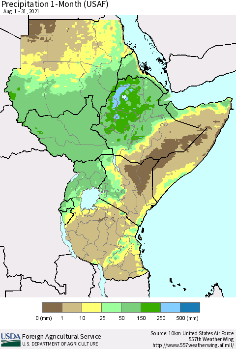 Eastern Africa Precipitation 1-Month (USAF) Thematic Map For 8/1/2021 - 8/31/2021