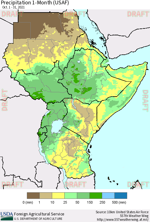 Eastern Africa Precipitation 1-Month (USAF) Thematic Map For 10/1/2021 - 10/31/2021