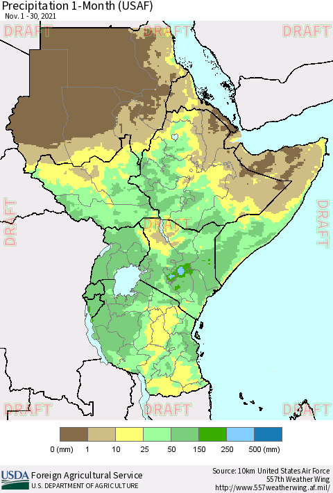Eastern Africa Precipitation 1-Month (USAF) Thematic Map For 11/1/2021 - 11/30/2021