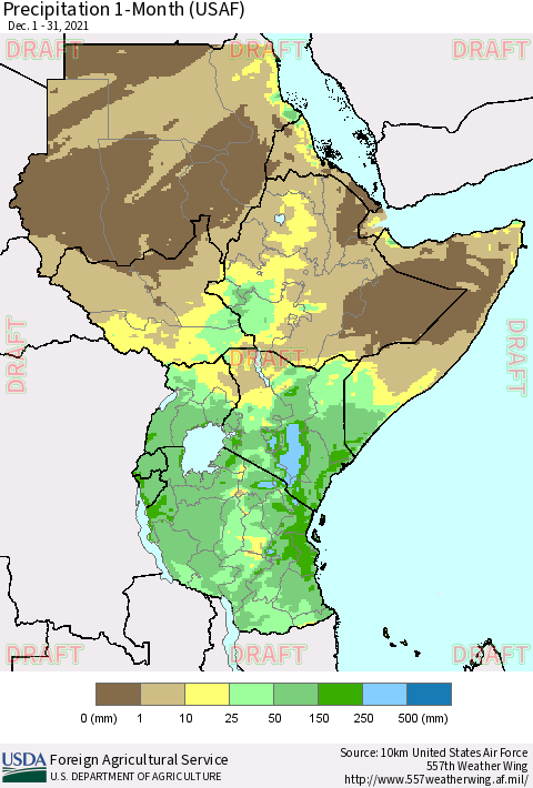 Eastern Africa Precipitation 1-Month (USAF) Thematic Map For 12/1/2021 - 12/31/2021