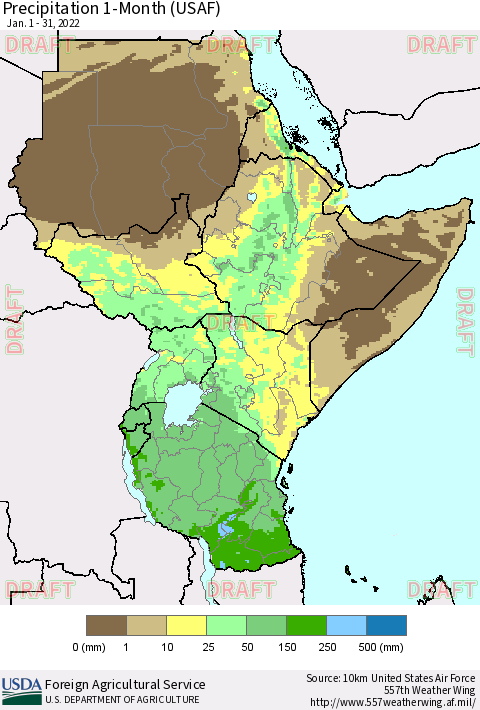 Eastern Africa Precipitation 1-Month (USAF) Thematic Map For 1/1/2022 - 1/31/2022