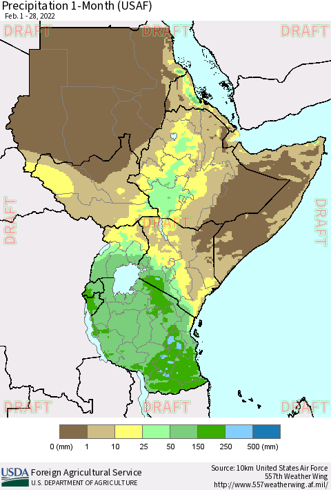 Eastern Africa Precipitation 1-Month (USAF) Thematic Map For 2/1/2022 - 2/28/2022