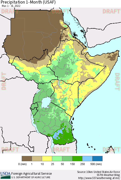 Eastern Africa Precipitation 1-Month (USAF) Thematic Map For 3/1/2022 - 3/31/2022