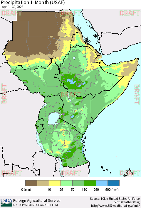 Eastern Africa Precipitation 1-Month (USAF) Thematic Map For 4/1/2022 - 4/30/2022