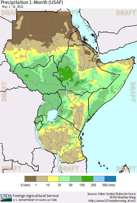 Eastern Africa Precipitation 1-Month (USAF) Thematic Map For 5/1/2022 - 5/31/2022