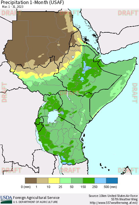 Eastern Africa Precipitation 1-Month (USAF) Thematic Map For 3/1/2023 - 3/31/2023