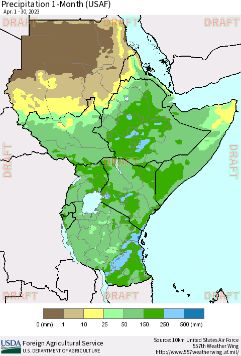 Eastern Africa Precipitation 1-Month (USAF) Thematic Map For 4/1/2023 - 4/30/2023