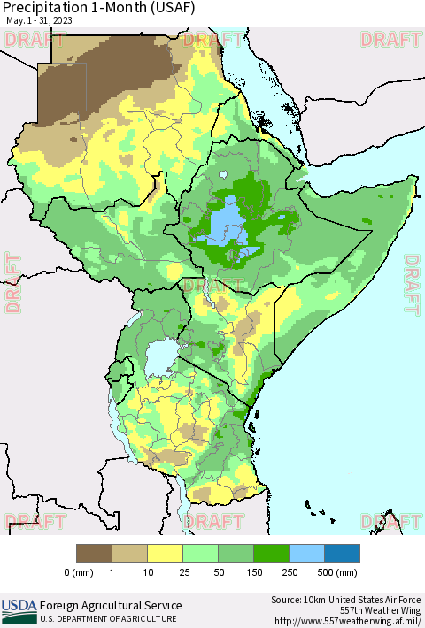 Eastern Africa Precipitation 1-Month (USAF) Thematic Map For 5/1/2023 - 5/31/2023
