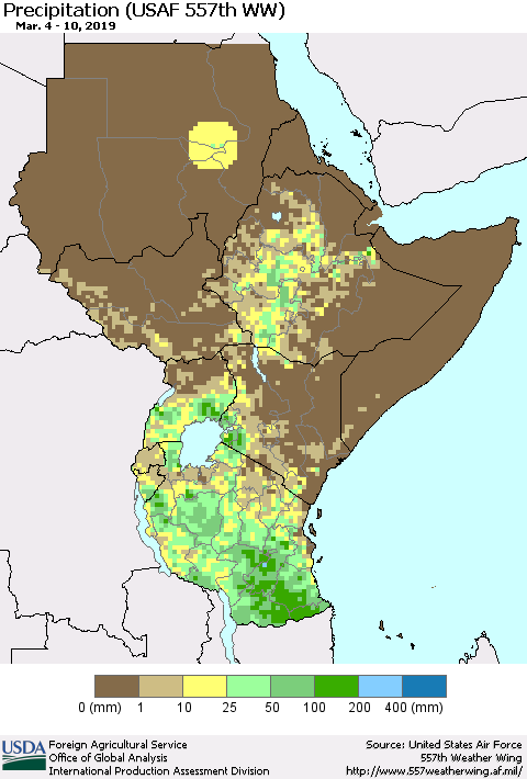 Eastern Africa Precipitation (USAF 557th WW) Thematic Map For 3/4/2019 - 3/10/2019