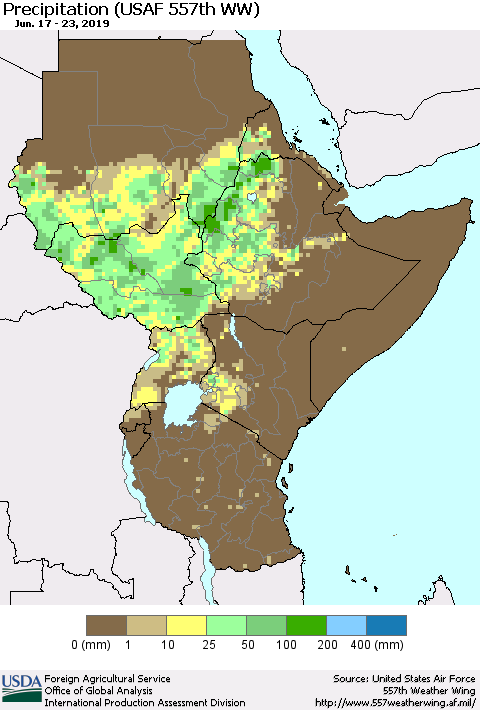 Eastern Africa Precipitation (USAF 557th WW) Thematic Map For 6/17/2019 - 6/23/2019
