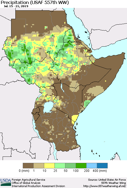 Eastern Africa Precipitation (USAF 557th WW) Thematic Map For 7/15/2019 - 7/21/2019