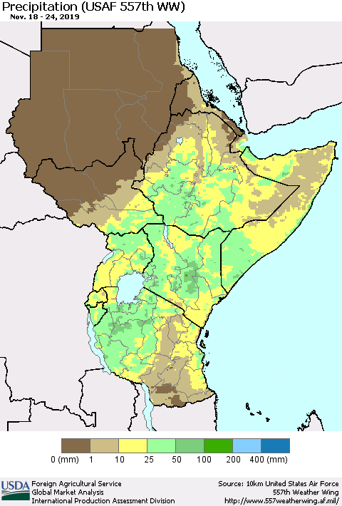 Eastern Africa Precipitation (USAF 557th WW) Thematic Map For 11/18/2019 - 11/24/2019