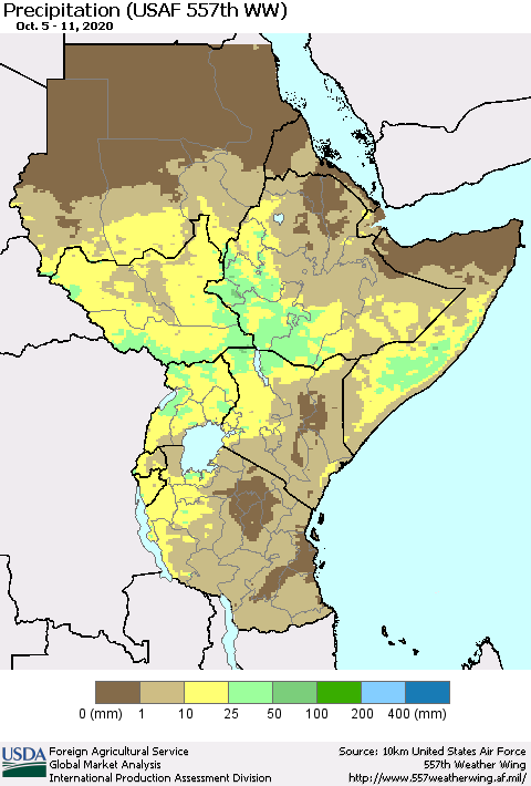 Eastern Africa Precipitation (USAF 557th WW) Thematic Map For 10/5/2020 - 10/11/2020