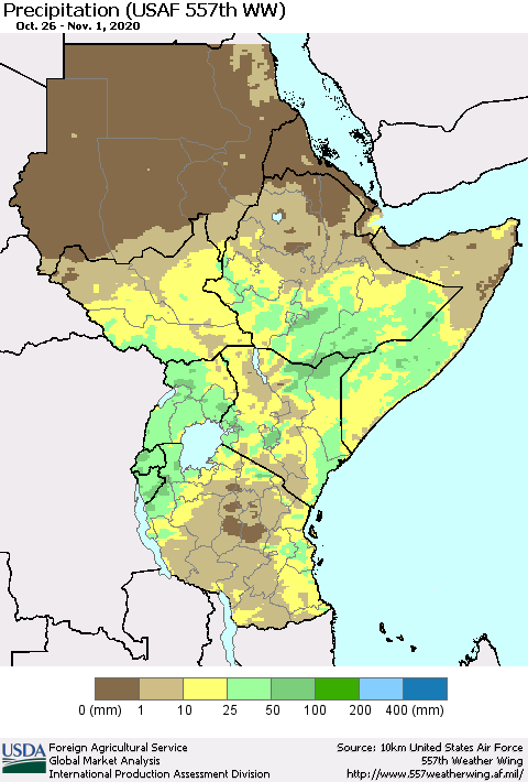 Eastern Africa Precipitation (USAF 557th WW) Thematic Map For 10/26/2020 - 11/1/2020