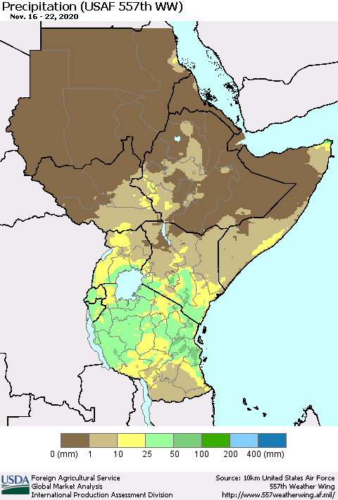 Eastern Africa Precipitation (USAF 557th WW) Thematic Map For 11/16/2020 - 11/22/2020
