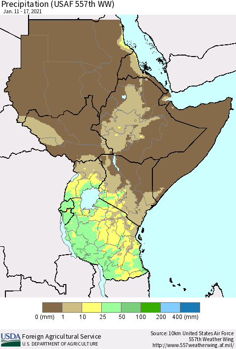 Eastern Africa Precipitation (USAF 557th WW) Thematic Map For 1/11/2021 - 1/17/2021