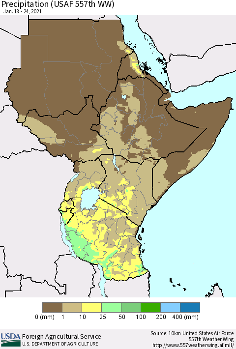 Eastern Africa Precipitation (USAF 557th WW) Thematic Map For 1/18/2021 - 1/24/2021