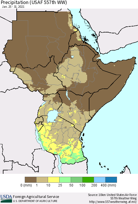 Eastern Africa Precipitation (USAF 557th WW) Thematic Map For 1/25/2021 - 1/31/2021