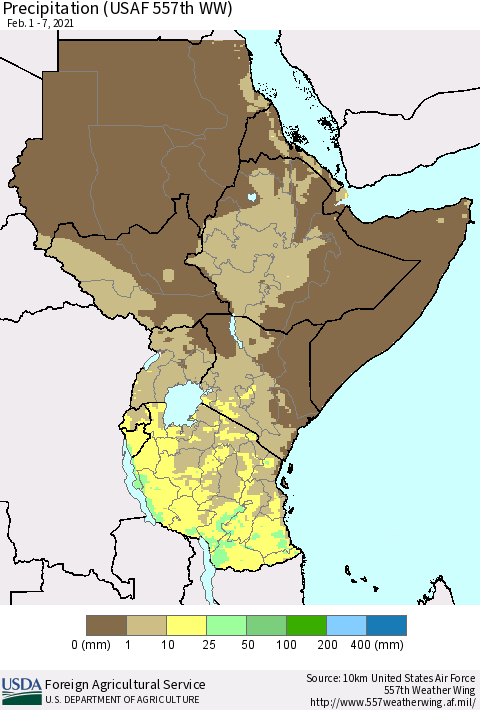 Eastern Africa Precipitation (USAF 557th WW) Thematic Map For 2/1/2021 - 2/7/2021